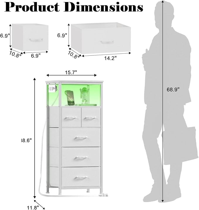 Furnulem Dresser for Bedroom, Tall Nightstand, Vertical Chest with Wood Top, Charging Station, LED Lights, 5 Fabric Bins, Bedside Table with Shelf, Furniture for Entryway (5 Drawer, White)