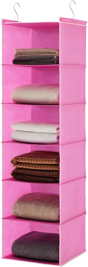 MAX Houser 6-Shelf Hanging Closet Organizer, Hanging Storage Shelves with 2 Sturdy Hooks Space-Saving for Bedroom, Foldable (Pink)-NeatNest