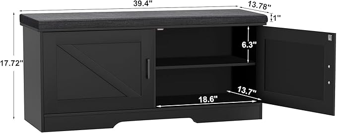 2-Tier Storage Bench, Shoe Bench with Padded Seat Cushion, Entryway Bench with 2 Barn Doors, Adjustable Shelf, 13.8" D x 39.4" W x 17.7" H, for Entryway, Living Room, Bedroom, Black-NeatNest