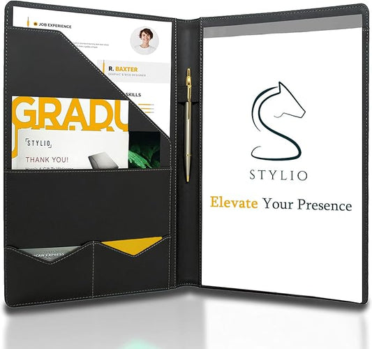 STYLIO Padfolio Portfolio Organizer Binder | Interview Resume Folder, Legal Document, Business Card Holder |w/Letter-Sized Notepad | Handsome Piano Noir Faux Leather Folio Matte Finish, Accent Stitch