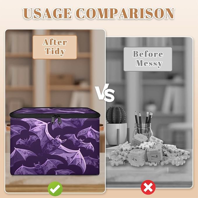 Halloween Bat Storage Bins with Lids, Purple Bats Fabric Storage Boxes with Zipper, Collapsible Decorative Closet Organizer Cube for Clothes,Organizing, Shelves-NeatNest