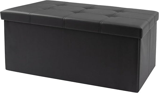 30 Inches Folding Storage Ottoman Bench, Faux Leather Footrest Ottoman, Storage Trunk Footrest for Bedroom, Living Room and Hallway, Support 350lbs, Black Black line