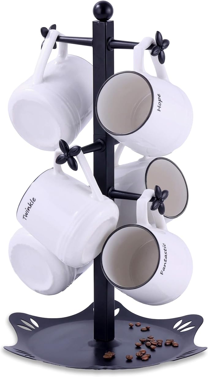 Coffee Mug Holder for Countertop, Cup Holder with 6 Hooks, Mug Stand for Counter, Coffee Bar Accessory, Mug Tree Station Organizer, Black-NeatNest