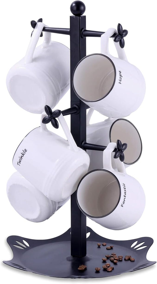 Coffee Mug Holder for Countertop, Cup Holder with 6 Hooks, Mug Stand for Counter, Coffee Bar Accessory, Mug Tree Station Organizer, Black-NeatNest