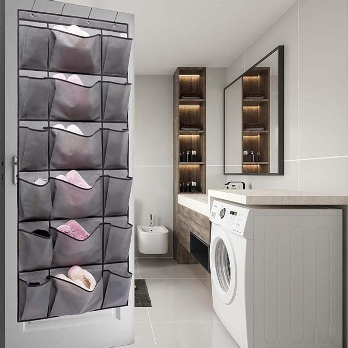 Over The Door Hanging Shoe Rack Organizer with 6 Extra Large and 12 Large Fabric Pockets Shoe Holder for Home Storage (GREY)-NeatNest