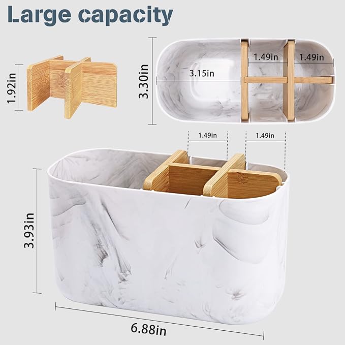 Toothbrush Holders for Bathrooms, 5 Slots Bamboo Toothbrush Holder Kids Electric Toothbrush Holder and Toothpaste Holder for Bathroom Countertop Accessories Storage, Marble Toothbrush Organizer
