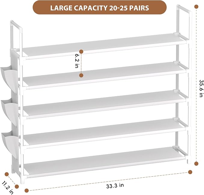 5 Tier Shoe Organizer, 33.3in Wide x 11.2in Deep x 35.6in Tall, Black Metal and Plastic Shoe Rack with Side Bag, Holds 20-25 Pairs of Shoes-NeatNest
