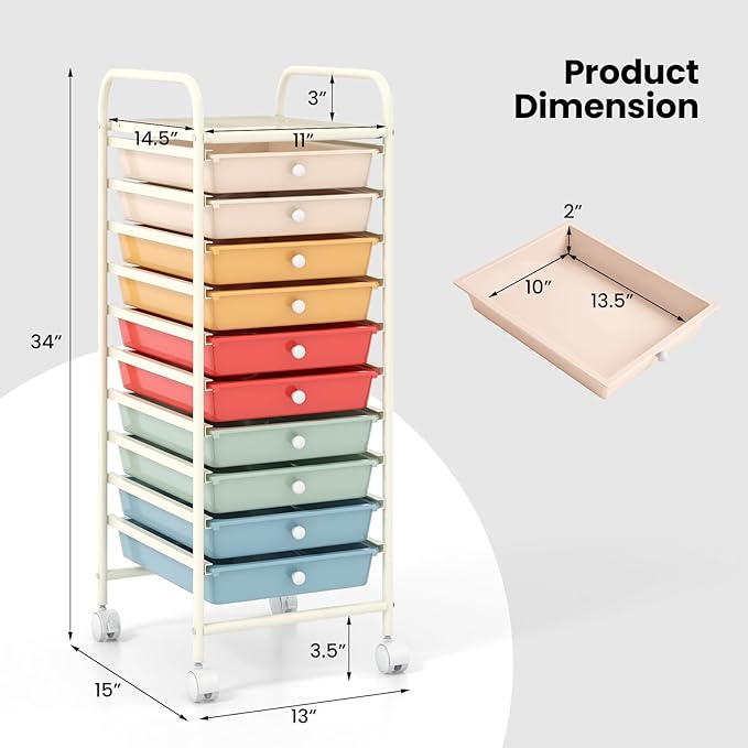 COSTWAY 10-Drawer Rolling Storage Cart, Utility Mobile Trolley with Removable Drawers & Universal Casters & 2 Brakes, Versatile Flexible Drawer Organizer Cart for Home, Office, Macaron-NeatNest