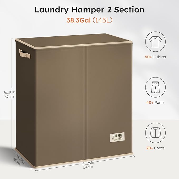 SOLEDI Large Double Laundry Hamper with Lid, Collapsible Clothes Hamper 2 section with Removable Bags, Space-Saving Laundry Basket for Bedroom, Dorm, College-NeatNest