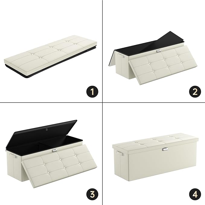 DocSafe Storage Ottoman Bench,Fireproof＆Waterproof Folding Bench with Lock(15”x 43”x15”),Leather Storage Chest with Handles＆2 Extra Boxes,Ottoman Safe for Bedroom,Living Room,Home Office,Beige-NeatNest