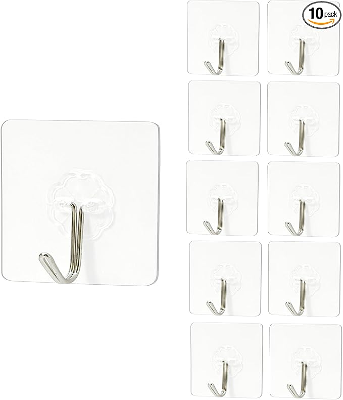 22lb Adhesive Hooks Heavy Duty, 10 Pack, No Drill Wall Hooks for Bathroom & Kitchen, Transparent Reusable Waterproof Towel Hooks for Smooth Surfaces