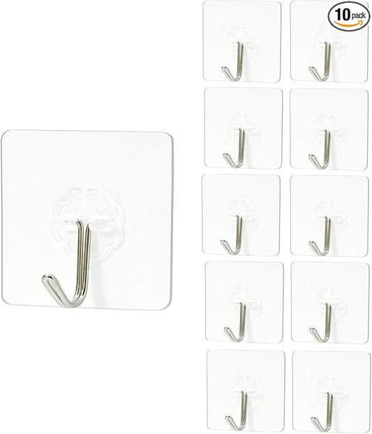 22lb Adhesive Hooks Heavy Duty, 10 Pack, No Drill Wall Hooks for Bathroom & Kitchen, Transparent Reusable Waterproof Towel Hooks for Smooth Surfaces