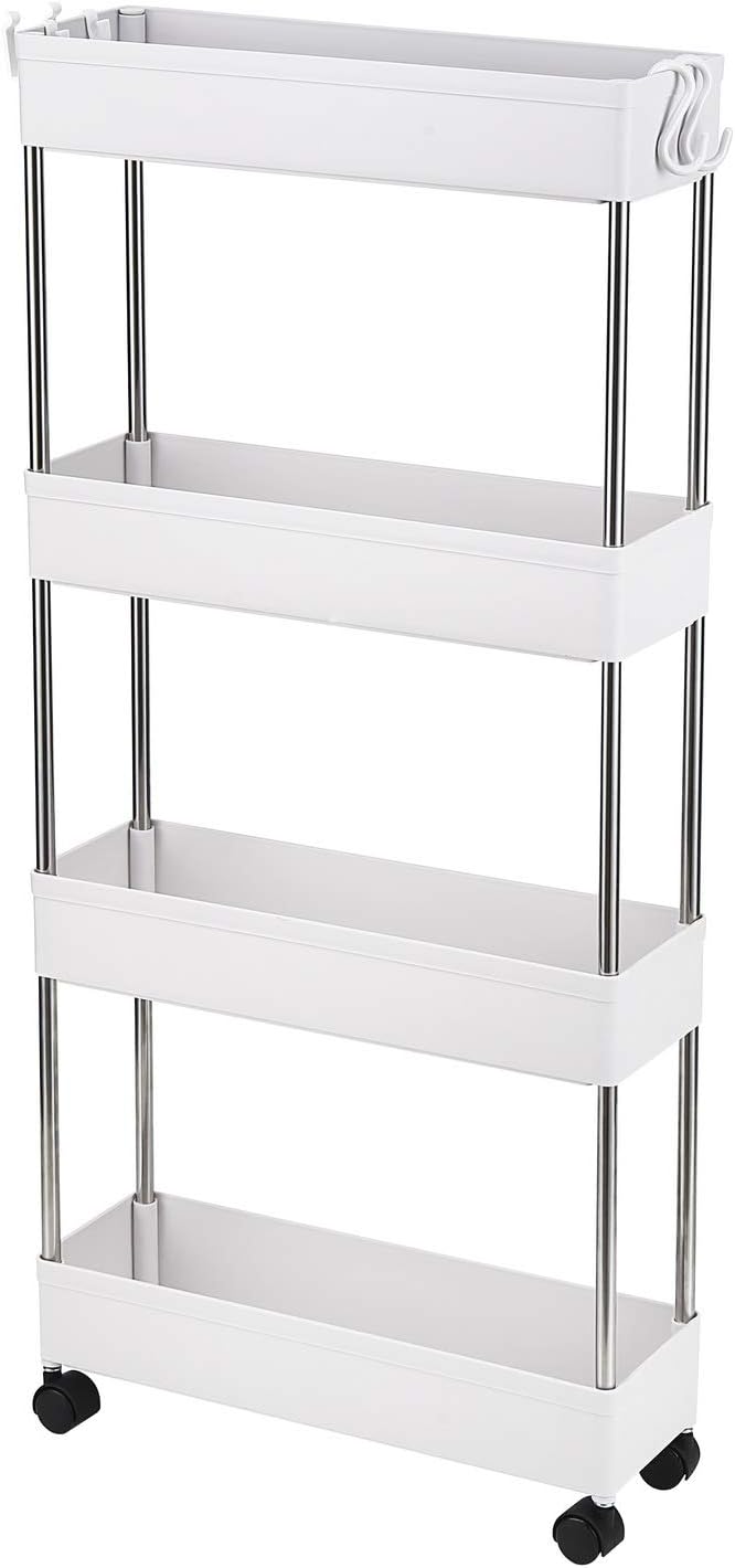 4-Tire Slim Storage Cart with 4 Hooks, Multi-Functional Narrow Rolling Kitchen Shelving Unit for Kitchen, Bathroom, Laundry Room, Office