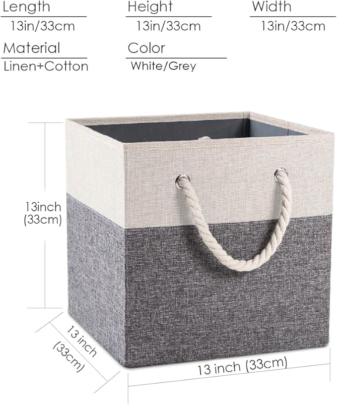 PRANDOM Large Foldable Cube Storage Bins 13x13 inch [2-Pack] Fabric Linen Storage Baskets Cubes Drawer with Cotton Handles Organizer for Shelves Nursery Closet Bedroom White and Grey-NeatNest