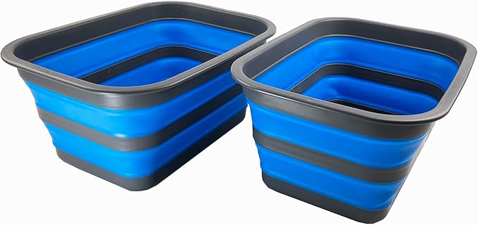 SAMMART 12L (3.17Gallon) Collapsible Tub - Portable Outdoor Picnic Tray - Portable Washing Basin - Space Saving Plastic Washtub (Grey/Blue (Set of 2))