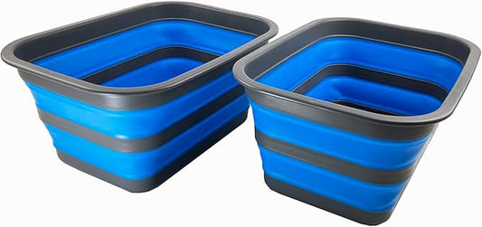 SAMMART 12L (3.17Gallon) Collapsible Tub - Portable Outdoor Picnic Tray - Portable Washing Basin - Space Saving Plastic Washtub (Grey/Blue (Set of 2))