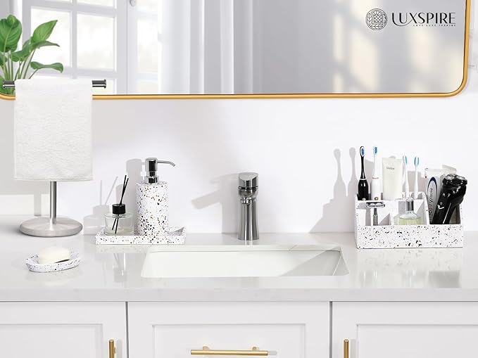 Luxspire Bathroom Counter Organizer, Toothbrush Holder for Bathroom 5 Slot, Large Bathroom Countertop Organizer Storage Bathroom Accessories for Toothbrush Toothpaste, Terrazzo