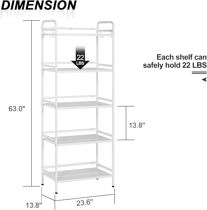 HDANI Storage Shelves,5-Tier Metal Storage Rack with Shelf,Shelf Organizer,Garage Standing Shelving Unit for Laundry,Bathroom,Kitchen,Pantry, Closet,23.6''W X 13.8''D X 63''H,White