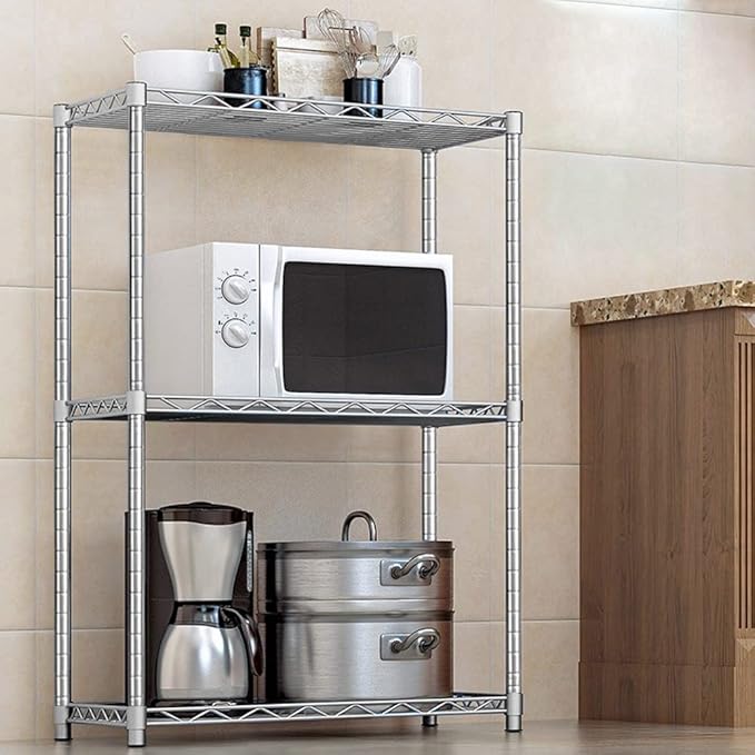 BNSPLY 3 Tier Wire Shelving Unit, Adjustable Wire Rack, Metal Storage Shelves for Kitchen, Pantry, Laundry, Bathroom, Closet (13.5" D x 23" W x 31.5" H, Chrome)-NeatNest
