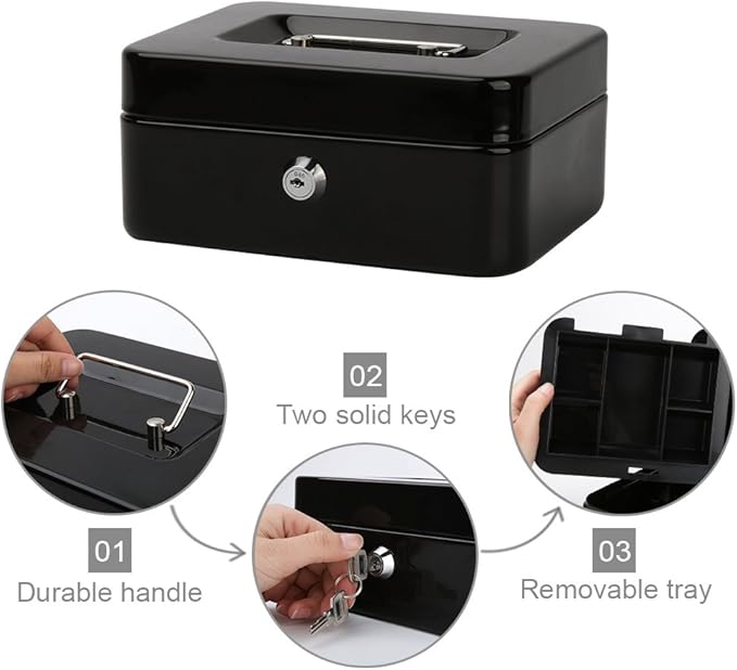 Decaller Cash Box with Money Tray, Metal Locking Money Box with Key Lock for Security, 7 4/5" x 6 4/5" x 3 3/5", Black, QH2003S-NeatNest