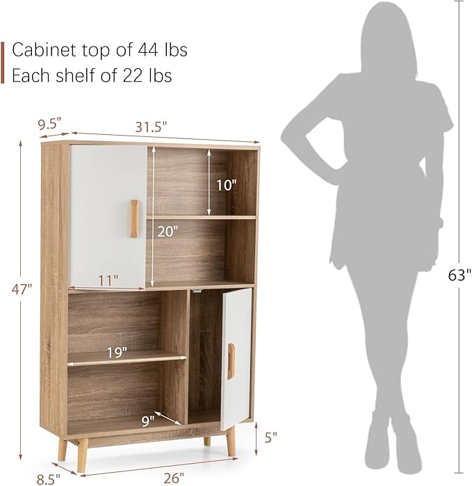Giantex Storage Cabinet with Legs, Floor Cabinet with Doors, Shelves, Anti-Tipping Device, 4-Tier Bookshelf for Books & Photos, Tall Cupboard in Living Room, Kitchen Buffet Sideboard (White)