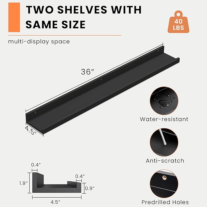 Heimlove Picture Ledge Shelf, Floating Shelves Set of 2, 36 Inches Picture Shelf for Wall with Ledge, Kids Bookshelf Wall Mounted for Living Room Bedroom Decor Books Photo Frames - Black-NeatNest