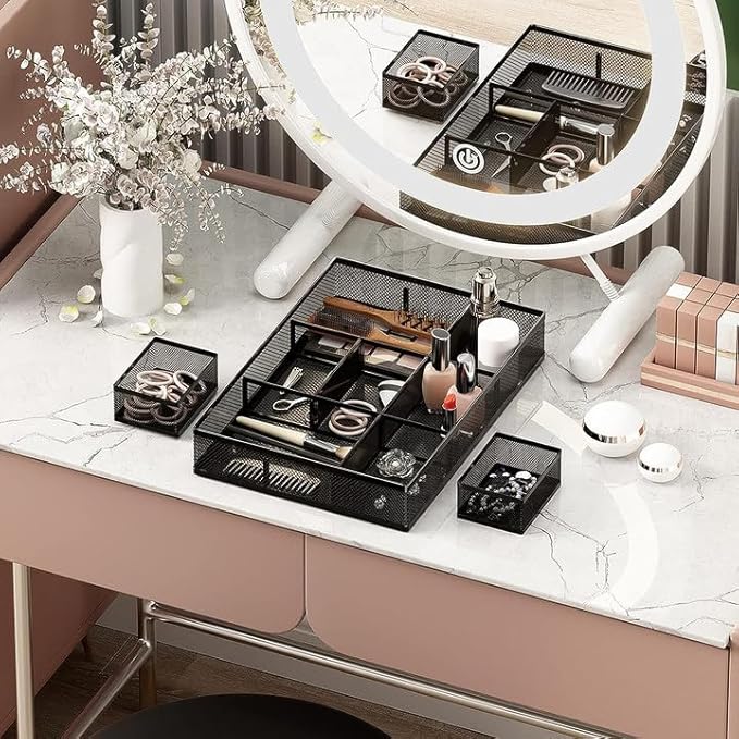Marbrasse 3 Packs Desk Drawer Organizers, Metal Mesh Dividers Desk Drawer Organizer Tray with 9 Adjustable Compartments, Pen Organizer for Drawer Tray Box Accessories for Desktop,Kitchen, Makeup-NeatNest