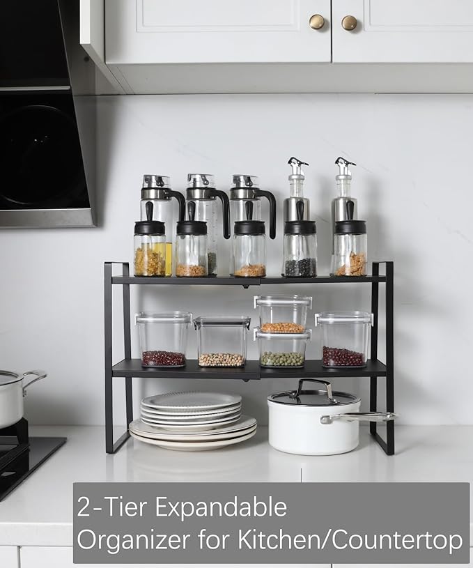 2-Tier Expandable Shelf Organizer for Kitchen Cabinet, Countertop, Pantry & Under-Sink Storage(Black)-NeatNest