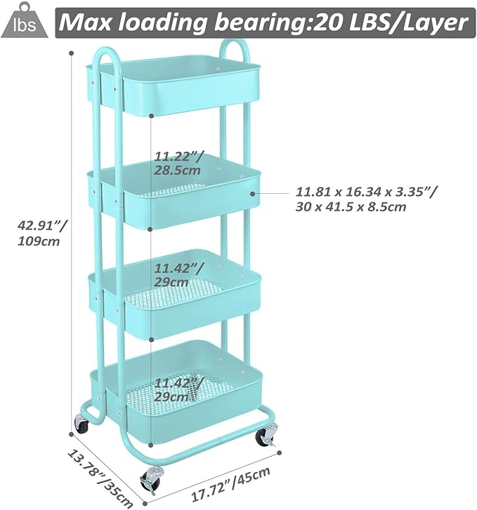 Melody House 4-Tier Metal Mesh Utility Rolling Cart Storage Organizer Shelf Rack with Lockable Wheels for Living Room Kitchen Office, Turquoise