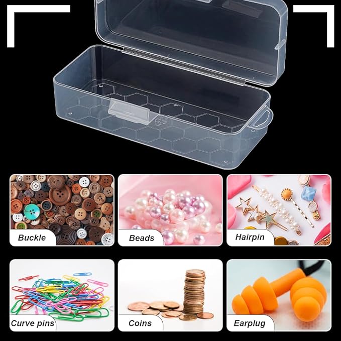 BENECREAT 4 Packs Rectangle Plastic Container Box, 6.4x2.6x1.8inch Clear Storage Organizer with Hinged Lid and Hanging Hole for Small Craft Accessories Office Supplies-NeatNest