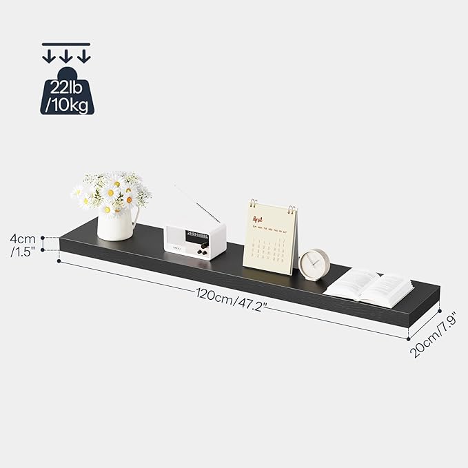 HOOBRO Floating Shelves for Wall, Wall Mounted Shelf Set of 2, 47.2" Hanging Shelf with Invisible Brackets, for Wall in Bathroom, Bedroom, Toilet, Kitchen, Living Room, Office, Black BK120BJP201-NeatNest