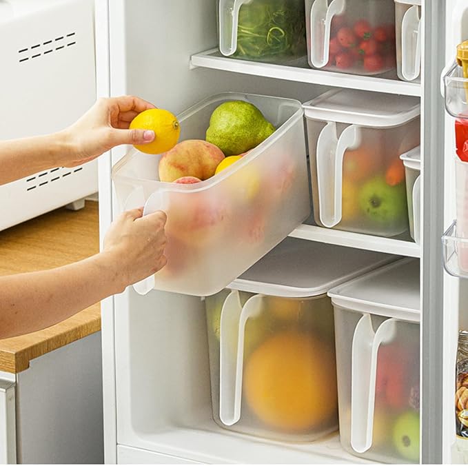 MineSign 4Pack 8L Plastic Storage Containers with Lid Large Square Food Storage Organizer Stackable Refrigerator Organizer with Handle Kitchen Containers for Fruits Vegetables Meat Egg