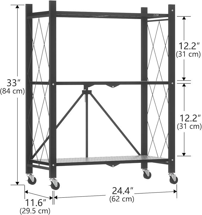 ALANNG Storage Shelves with Wheels, Bookshelf with Storage, No Assembly Metal Rack Cart for Kitchen, Office, Laundry, Garage (3 Tier, Black)