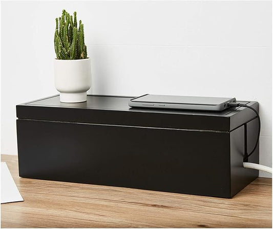 Changsuo Cable Management Box Wooden Cord Organizer Box for Extension Cord Power Stripe Surge Protector Wire Management Concealer Organizer Cover Hider for Desktop Home Office Kitchen (Black)-NeatNest