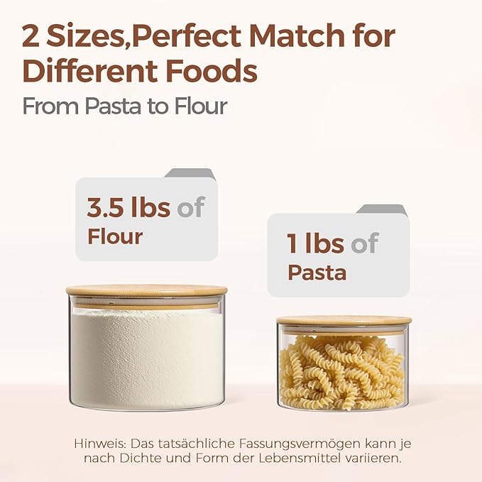 ComSaf Glass Food Storage Containers, 3.2Qt / 1.4Qt Glass Flour and Sugar Containers with Airtight Lids, 7.1'' Wide Mouth Large Glass Jars with Bamboo Lid for Rice, Pasta, Oats, Grains, Cookie, Candy-NeatNest