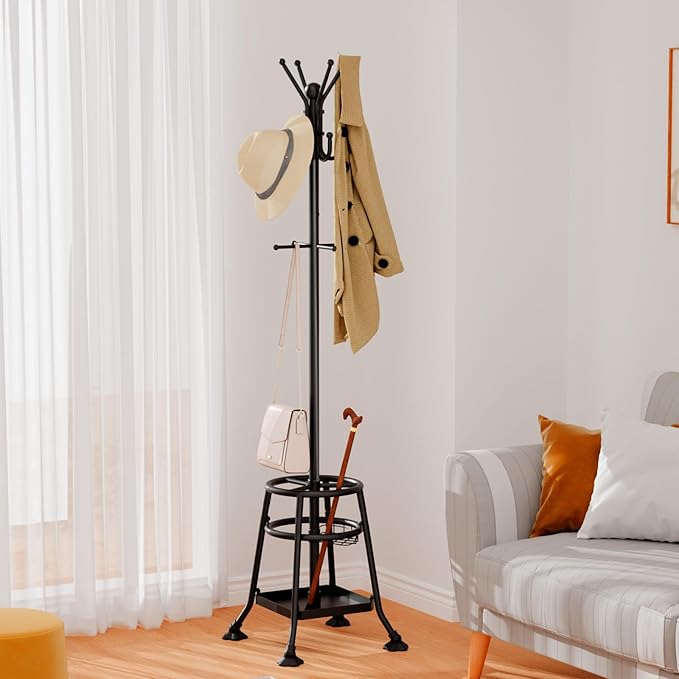 Heavy Duty Freestanding Coat Rack with 12 Hooks & Umbrella Holder - White Metal Clothes Hat Sturdy Standing Hall Tree for Entryway, Living Room, Bedroom, Office Organization (Black)-NeatNest