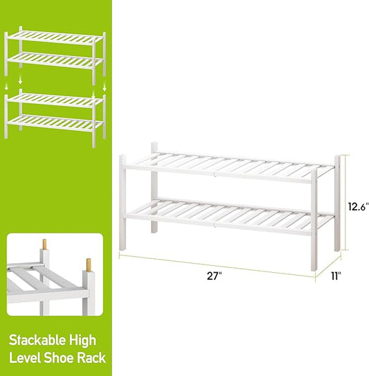 BMOSU 2-Tier Bamboo Shoe Rack Premium Stackable Shoe Shelf Storage Organizer for Hallway Closet Living Room Entryway Organizer(White Bamboo)-NeatNest