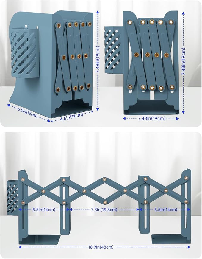 Honagu Adjustable Bookends, Metal Book Ends for Shelves Heavy Book, Desk Magazine File Organizer for Home, Office, Books, Papers, Extends up to 19 inches with Pen Holder (Blue)