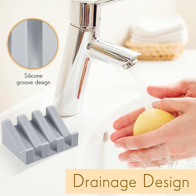 Cunhill 2 Pieces Silicone Soap Dish Self Draining Soap Dish Shower Waterfall Bar Soap Holder Tray with Drain Soap Saver for Kitchen Bathroom Accessories (Light Grey)-NeatNest