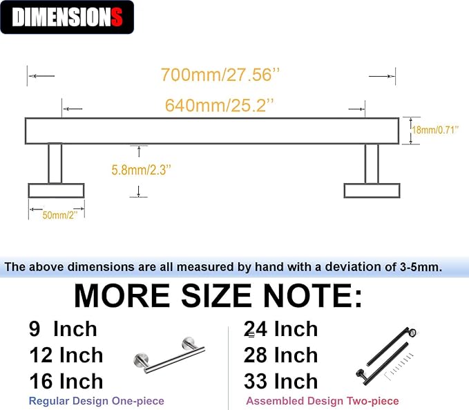 28 Inch Towel Bar for Bathroom 9/12/16/24/28/33 Inch Kitchen Hand Towel Holder Brushed Nickel SUS304 Stainless Steel RUSTPROOF Wall Mount Towel Rod (1, Brushed Nickel, 28 Inch)