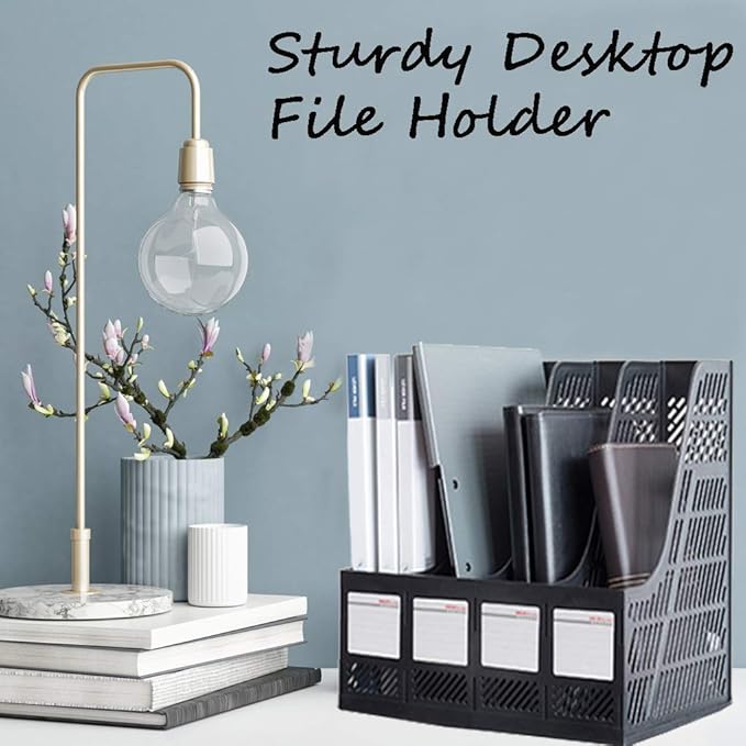 Lemical File Holder Desktop Filing File Box 4 Compartments Vertical File Organizer Magazine Rack Book Holder Frames Binder Holder for Home Office School (Black)