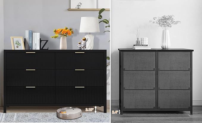 6 Drawer Dresser Cabinet, Long Nightstand with Drawers and Storage Cabinet, Solid Wood Dresser TV Stand, Mid Century Modern Nightstand with 6 Drawer Dresser for Bedroom Closet (Black)