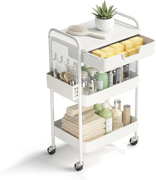 3 Tier Rolling Cart with Drawer, Metal Rolling Utility Cart on Wheels with Pegboard, Art Cart Storage Organizer with Tabletop for Living Room, Office, Bedroom (White)-NeatNest