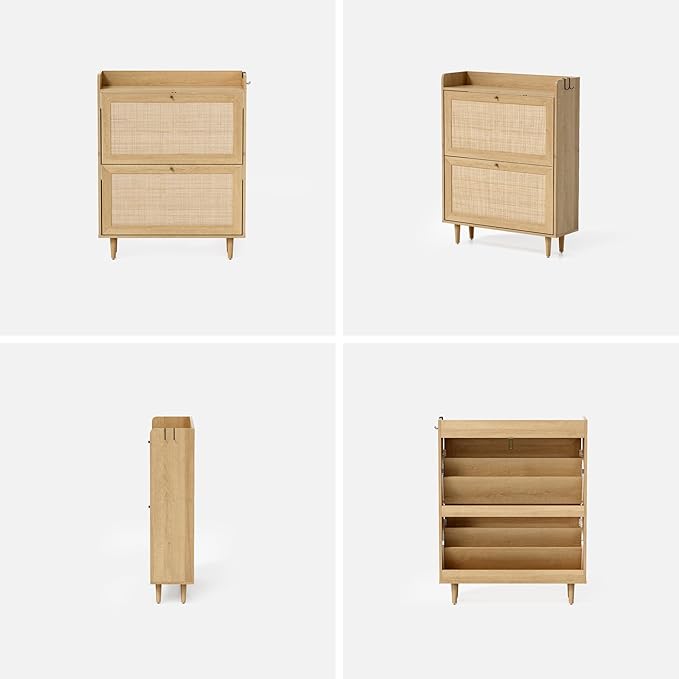 Rattan Shoe Cabinet with 2 Flip Drawers, Mid Century Modern Shoe Organizer, Boho Wooden Hidden Slim Narrow Shoe Rack Cabinet for Entryway, Hallway, Natural Oak-NeatNest