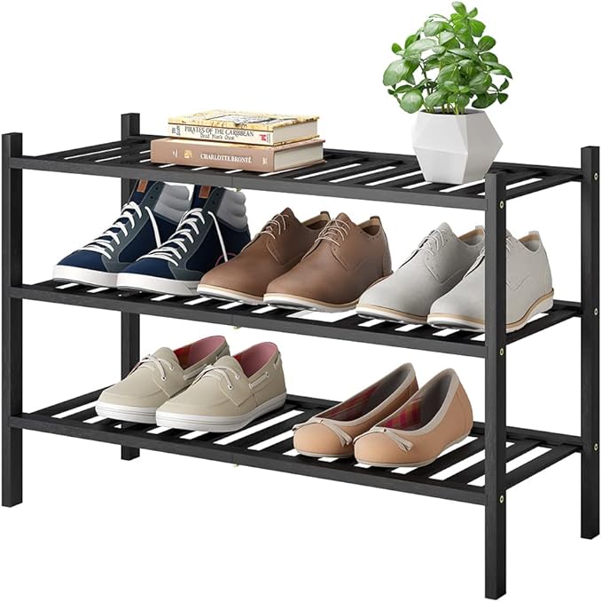 Shoe Rack, 3-Tier Bamboo Stackable Shoe Shelf Storage Organizer, Shoe Stand for Closet, Entryway and Hallway-NeatNest
