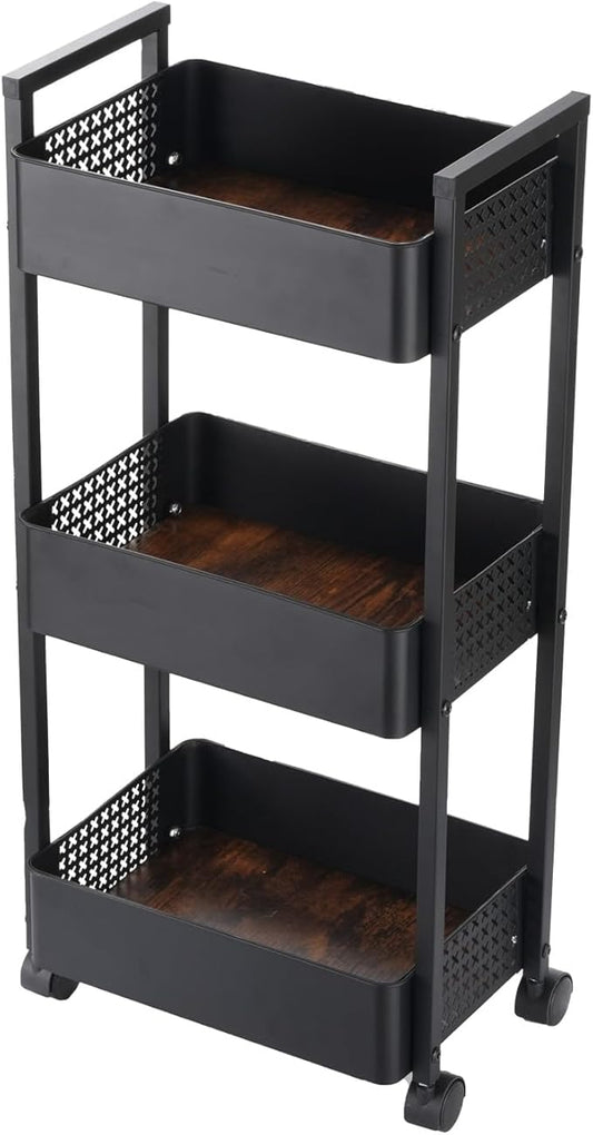 CHPHI 3 Tier Rolling Utility Cart Organizer, Stable and Sturdy Black Rolling Storage Carts with 2 Lockable Wheels,Perfect for Bathroom, Kitchen, Snack, Craft, Makeup, Baby Essentials