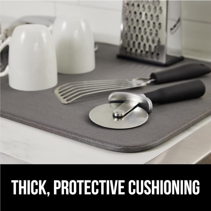 GORILLA GRIP Ultra Water Absorbent Microfiber Dish Drying Mat, Quick Dry Thick Mesh, Slip Resistant Pad for Sink Dishes or Under Rack, Kitchen Counter Accessories, 16x18, Machine Wash, 2 Pack Gray
