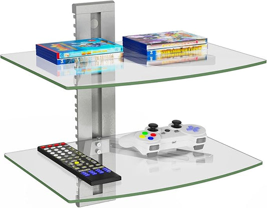WALI Floating Entertainment Center Shelves, Holds Up to 17.6lbs, TV Shelf with Strengthened Tempered Glasses for DVD Players, Cable Boxes, Games Consoles, TV Accessories (CS202S), 2 Shelf, Silver