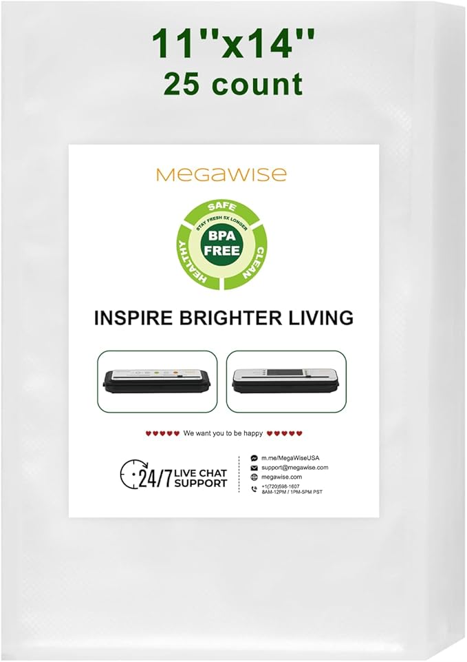 MEGAWISE Vacuum Sealer Bags (11''x 14''-25pcs) for Food Freshness Preservation, BPA Free Vacuum Storage Bags for Food or Sous Vide, Seal a Meal,Double-Sided Texture, Double Lock Freshness (25 count)-NeatNest