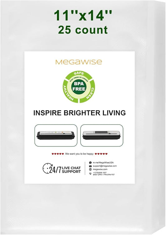 MEGAWISE Vacuum Sealer Bags (11''x 14''-25pcs) for Food Freshness Preservation, BPA Free Vacuum Storage Bags for Food or Sous Vide, Seal a Meal,Double-Sided Texture, Double Lock Freshness (25 count)-NeatNest